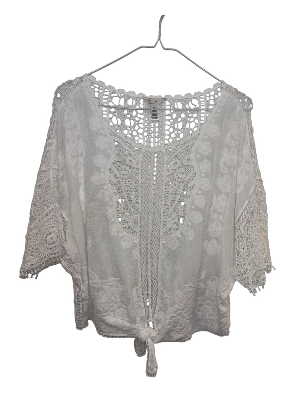 Cato White Crochet Tie-Front Bohemian Tunic Top